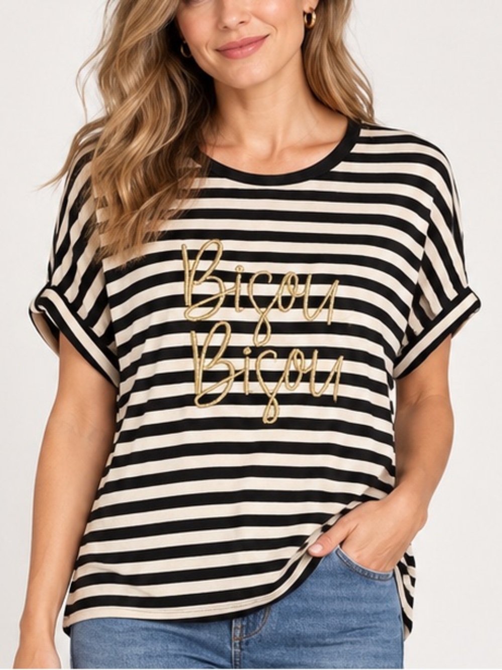 Melanie Lyne Bisou Bisou Striped Gold Embroidered Tee | Small